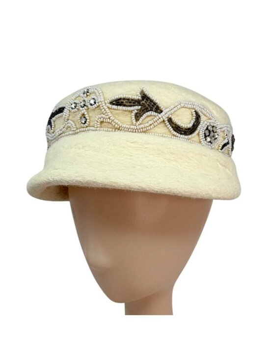 Jan Leslie Beaded Wool Hat Off White Designer‎ Cap 1990s main image 5
